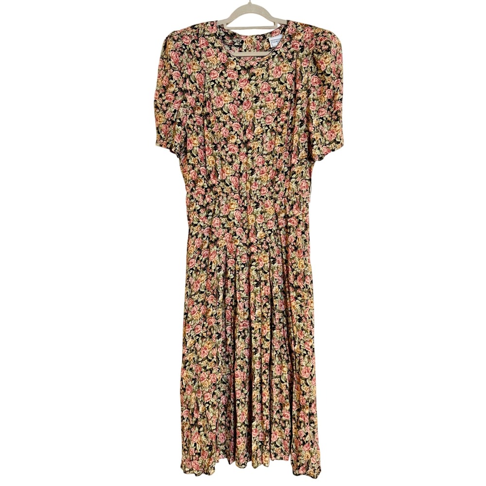 E.D. Michaels Plus VTG 80s Cottage Floral Midi Dress Short Black Pink Rose 18W